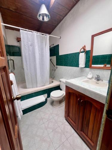 a bathroom with a toilet and a sink and a shower at Los Quetzales Ecolodge & Spa in Cerro Punta