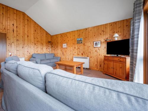 a living room with a couch and a television at Glomach Lodge at Lochletter Lodges in Drumnadrochit