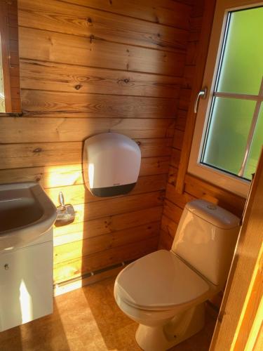 a small bathroom with a toilet and a sink at Holme Å Camping & Cottages in Hovborg