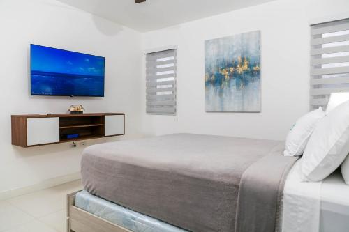 a bedroom with a bed and a tv on a wall at Choose To Be Happy at Twenty 2A with Pool in Kingston