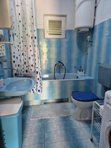 a blue bathroom with a toilet and a sink at Apartmani Ino in Škrip
