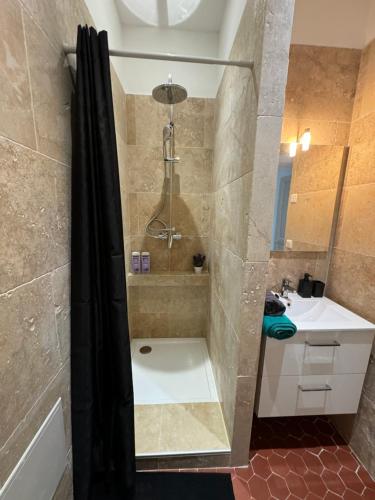 une salle de bain avec douche et lavabo dans l'établissement Sublime appartement à l'Estaque Marseille, à Marseille