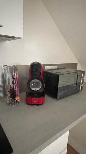 d'un grille-pain au-dessus d'un comptoir de cuisine. dans l'établissement Appartement cosy et calme, à Bonneville