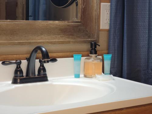 a bathroom sink with a bottle of soap and two glasses at Romantic, Private Cabin in Smokies Hot Tub Firepit in Sevierville