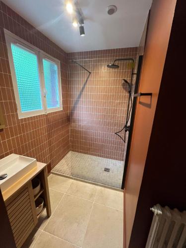une salle de bain avec douche et lavabo dans l'établissement Charme à Saint-Fargeau, à Saint-Fargeau