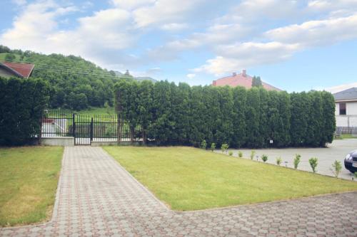 a garden with a black gate and a grass field at Pensiunea Hyperion Cormaia in Sîngeorz-Băi
