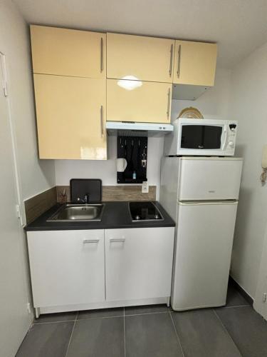 une petite cuisine avec un évier et un micro-ondes dans l'établissement Beau STUDIO HIPPODROME MER PLAGE, à Cagnes-sur-Mer