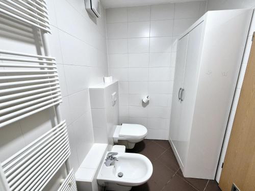 a white bathroom with a toilet and a sink at Apartmaji PANONIA "The Big Space" & "The Cozy Space" in Moravske Toplice