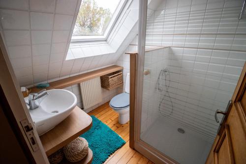 a bathroom with a sink and a toilet and a window at la Métairie du Grand Ker in Plougasnou