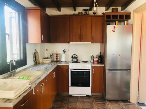 a kitchen with a refrigerator and a stove top oven at Jennie's lovely countryhouse - Malakontas Eretria in Malakóndas