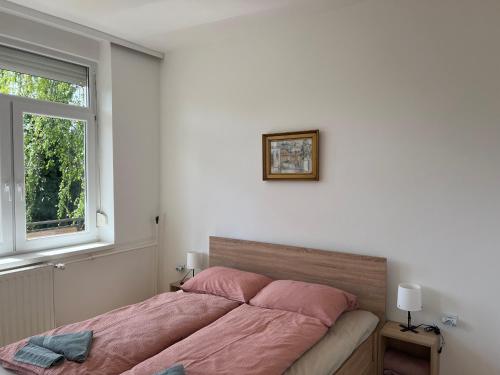 a bedroom with a bed with pink sheets and a window at Jó hely in Balatonalmádi