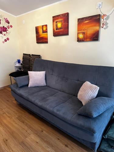 a blue couch in a living room with paintings on the wall at PAULINA Apartment in Medulin