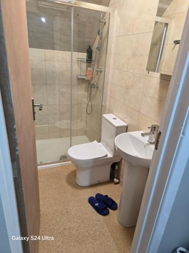 Un baño con inodoro, lavabo y ducha. en 2 bedrooms apartment, en Birmingham