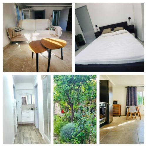 un collage de photos d'une chambre et d'un lit dans l'établissement appartement paisible pour 4 personnes, à Montpellier