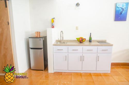 a kitchen with a sink and a refrigerator at pineapple hospitality in Mayaguez