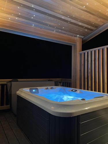 a jacuzzi tub in a room with a wooden ceiling at Pettico Lodge in Eyemouth