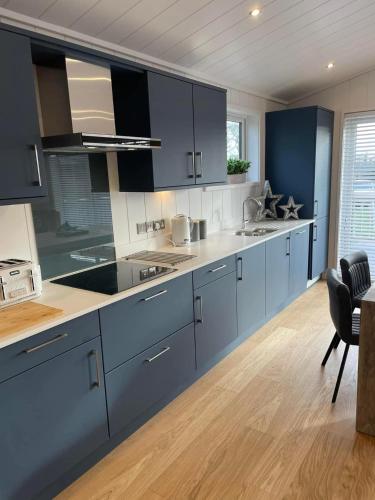 a large kitchen with blue cabinets and a chair at Pettico Lodge in Eyemouth