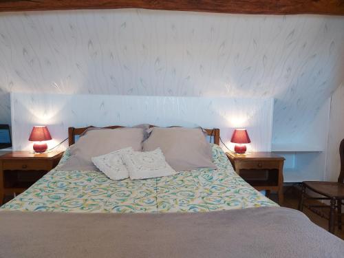a bedroom with a bed with two tables and two lamps at Charmante Maison Rénovée avec Jardin, BBQ et Loisirs à La Saucelle - FR-1-581-13 in La Saucelle