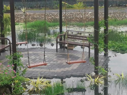 a swinging bench in a pond with water at Lembah Saerah Resort in Kangar