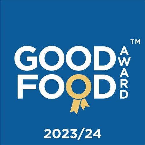 a blue background with the words good food and a gold ribbon at Garden Hotel in Bangor