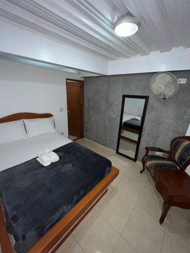 a bedroom with a bed and a mirror and a chair at Hotel San Diego DOSQUEBRADAS in Dosquebradas