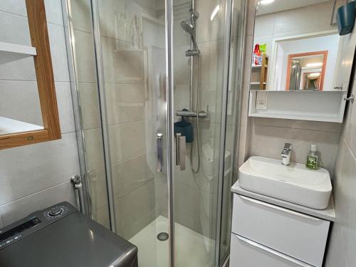 La petite salle de bains est pourvue d'une douche et d'un lavabo. dans l'établissement Saint-Cyprien : Appt front de mer avec piscine, parking et clim - FR-1-753-25, à Saint-Cyprien