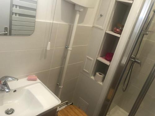 une salle de bain avec une douche et un lavabo et une douche dans l'établissement Studio rénové avec grand balcon, centre-ville, proche plage - FR-1-712-83, à Villers-sur-Mer
