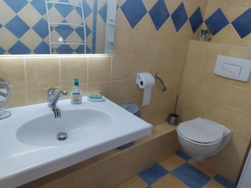 une salle de bain avec un lavabo et des toilettes dans l'établissement Appartement T2 à Gruissan, RDC, Plage à 150m, Parking, 4-5 pers - FR-1-796-72, à Gruissan