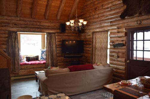Una sala de estar con un sofá y un televisor. en Hidden Valley Heaven - WiFi - Satellite - Washer - Dryer - Wood Stove - Semi-Secluded - Quiet Neighborhood - Beautiful Views, en Red River