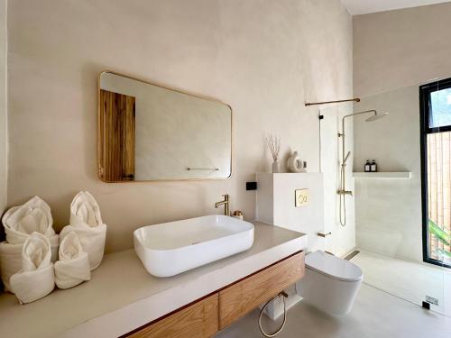 a bathroom with a sink and a toilet and a mirror at K Villas Phangan 01 in Thong Sala