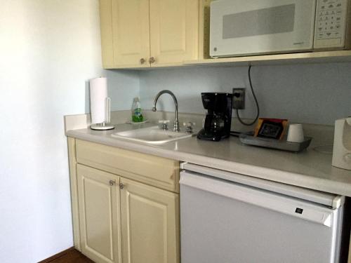 a kitchen with a sink and a microwave at Boulder Dam Hotel in Boulder City