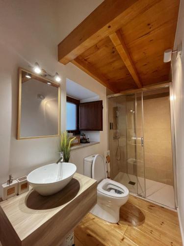 a bathroom with a sink and a toilet and a shower at Casa do Tronco in Bragança