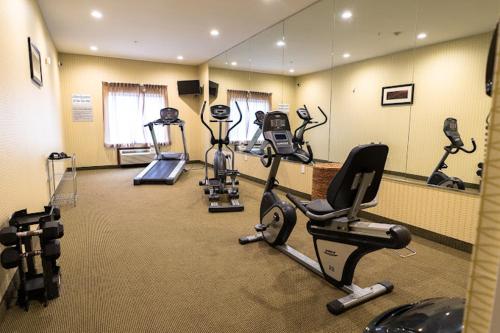 a gym with several exercise bikes and a mirror at Rivers Inn and Suites in Three Rivers
