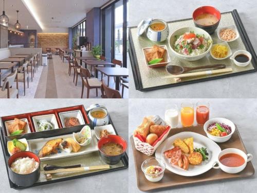 a collage of two pictures of food in a restaurant at Hotel Granbinario Tsuruga in Tsuruga