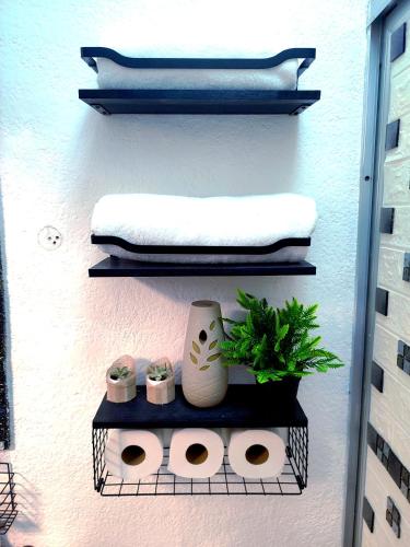 a wall with two shelves with pillows and a plant at Hogar Pavo Real in Cancún