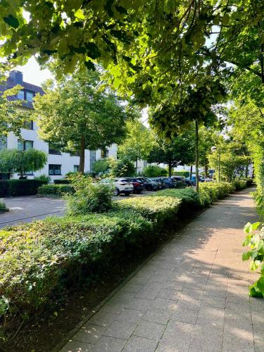 a tree lined sidewalk with cars parked in a parking lot at stilvoll-modern-neu in Meerbusch