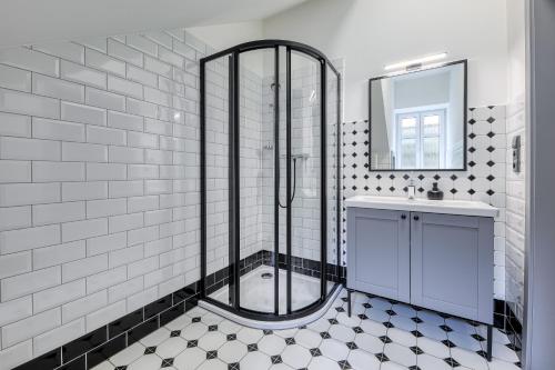 a bathroom with a shower and a sink at Vila František in Plasy