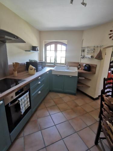 une cuisine avec des armoires vertes et un évier dans l'établissement Cottage du Marais, à Bazinghen