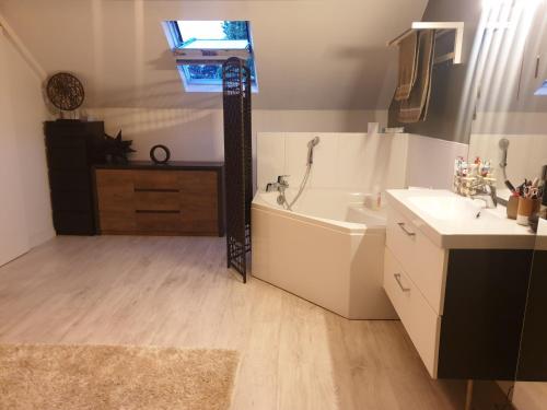 une salle de bain avec une baignoire et un lavabo dans l'établissement Maison duplex à Saint-Maur-des-Fossés 87m2, à Saint-Maur-des-Fossés