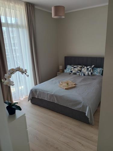 a bedroom with a bed and a large window at Apartament rodzinny 47, 150 m od plaży, basen, plac zabaw, darmowy parking! in Sianozety
