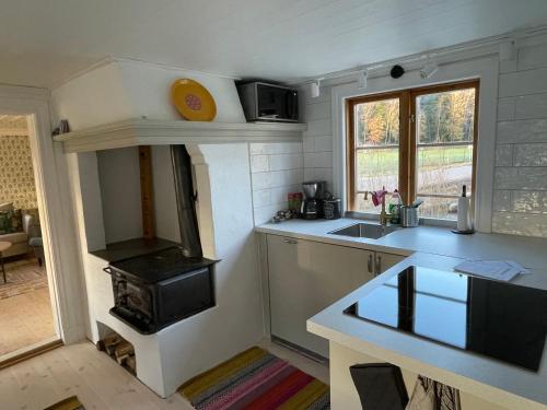 a kitchen with a stove and a counter top at Råssbyn Hassleliden 324 in Ljungskile