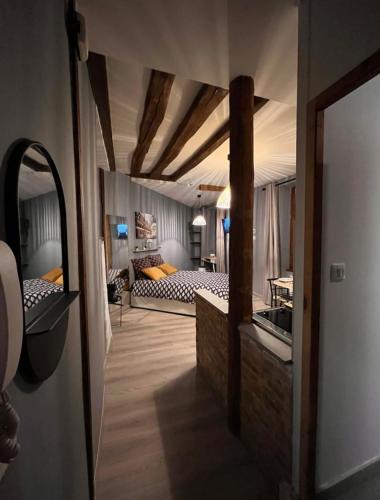 a view of a room with two beds and a mirror at Studio cosy, cité gastronomique in Dijon