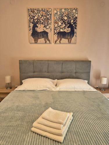 Un dormitorio con una cama con tres cuadros en la pared. en Galeriya Apartment, en Tesalónica
