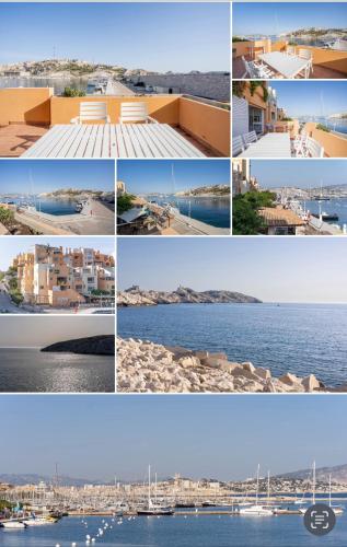 un collage de photos de bâtiments et d'eau dans l'établissement Le cabanon, à Marseille
