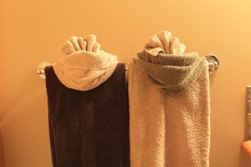 two towels hanging on a towel rack in a bathroom at Windborne Bed & Breakfast in Castlegar