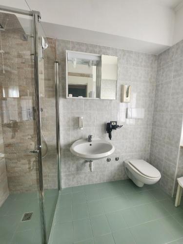 a bathroom with a sink and a toilet and a shower at Hotel 2 Palme in Torri del Benaco