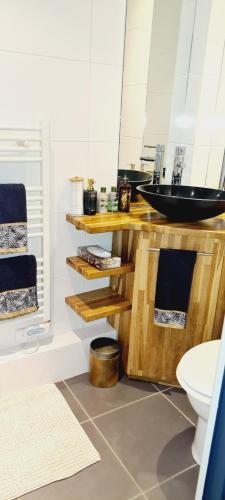 La salle de bains est pourvue d'un comptoir en bois et d'un lavabo. dans l'établissement Chambre indépendante avec salle de bain privée au calme Saint-Maur-des-Fossés, à Saint-Maur-des-Fossés