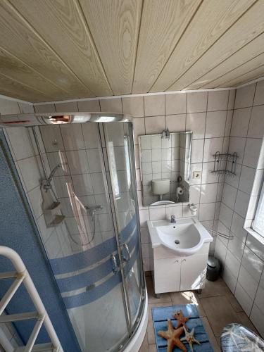 a bathroom with a shower and a sink at Zum ehemaligen Kaffeekännchen in Funfseen