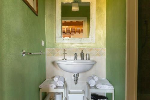 a green bathroom with a sink and a mirror at Casacenti B&B in Siena