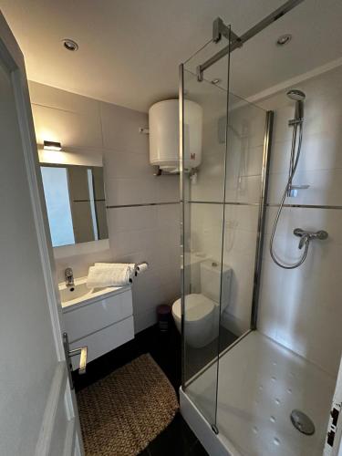 une salle de bain avec une douche en verre et des toilettes dans l'établissement Bandol Appartement Hyper Centre Vue Mer, à Bandol